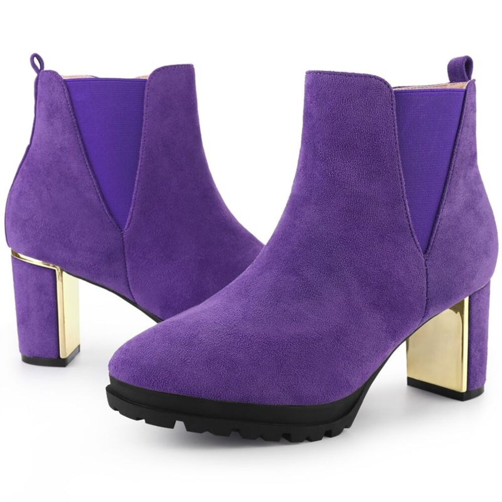Platform Chelsea Boot Round Toe Chunky Heels Purple Ankle Boots